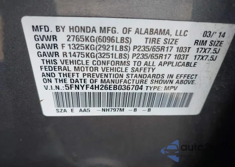 2014 Honda Pilot Lx из США, поврежденный, VIN 5FNYF4H26EB036704